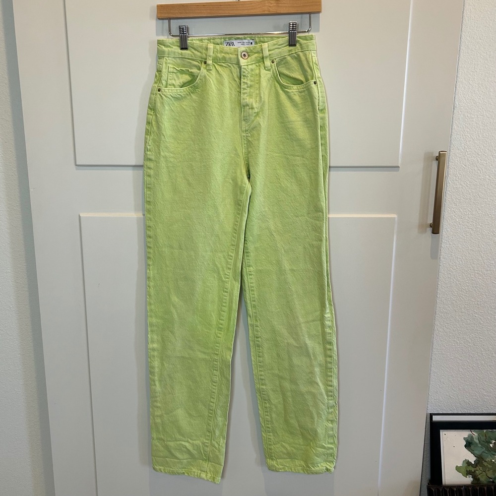 Zara Womens High Rise‎ Straight Leg Jeans Lime Green Size 2 Acid Wash Denim